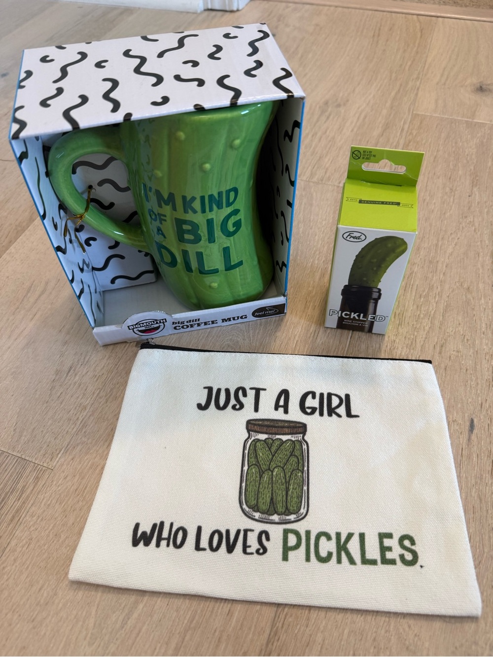 Dill Pickle Themed Accessory Set. Mug, Pouch, & Bottle Stopper